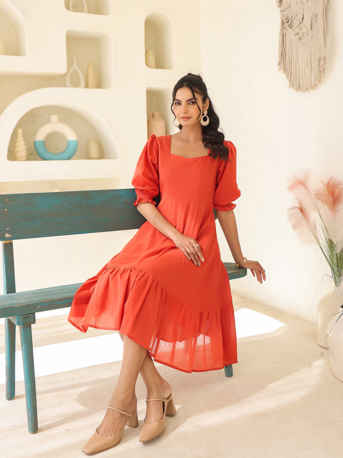 Janasya Light Cotton Solid A-Line Dress