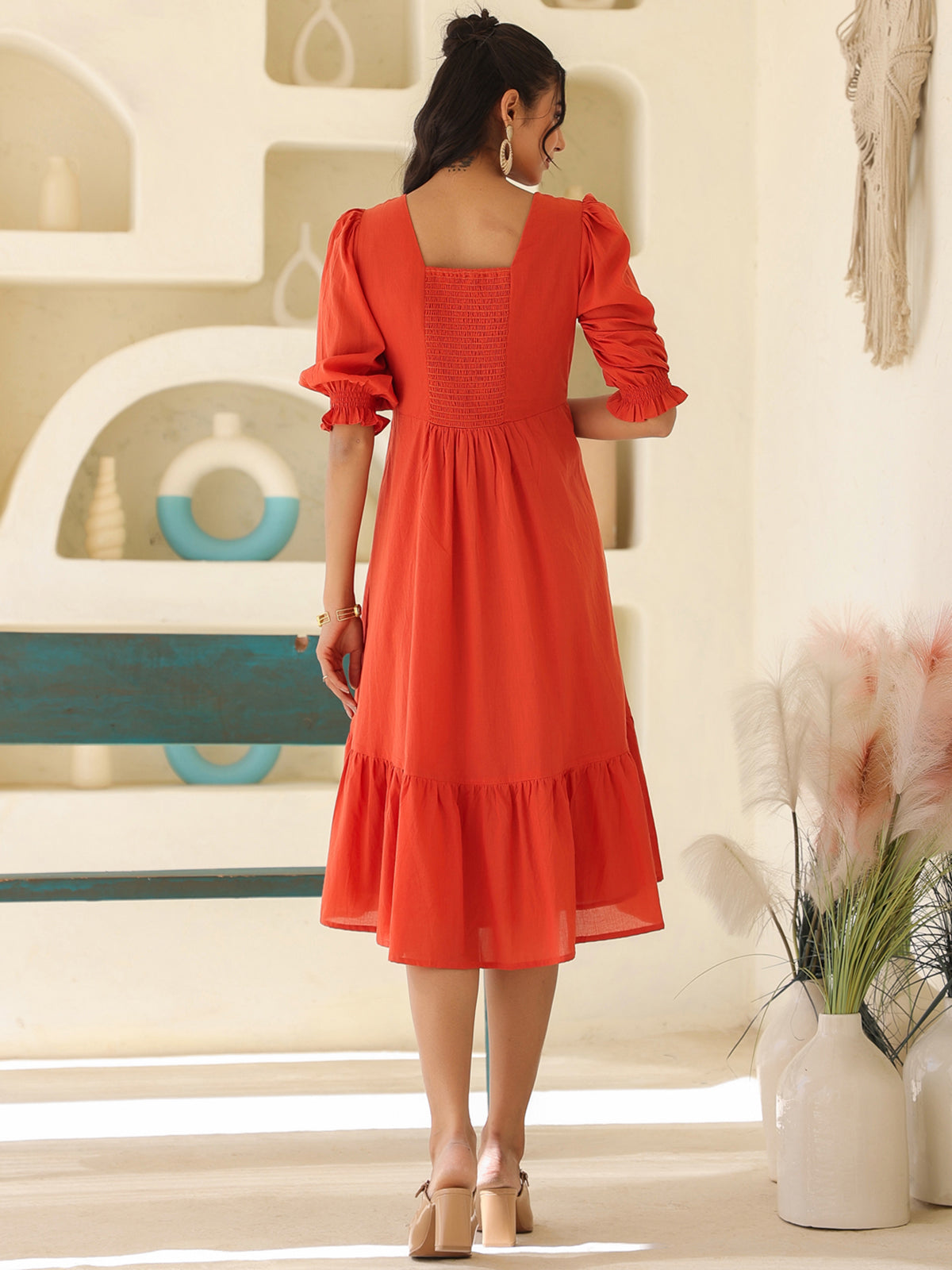 Janasya Light Cotton Solid A-Line Dress