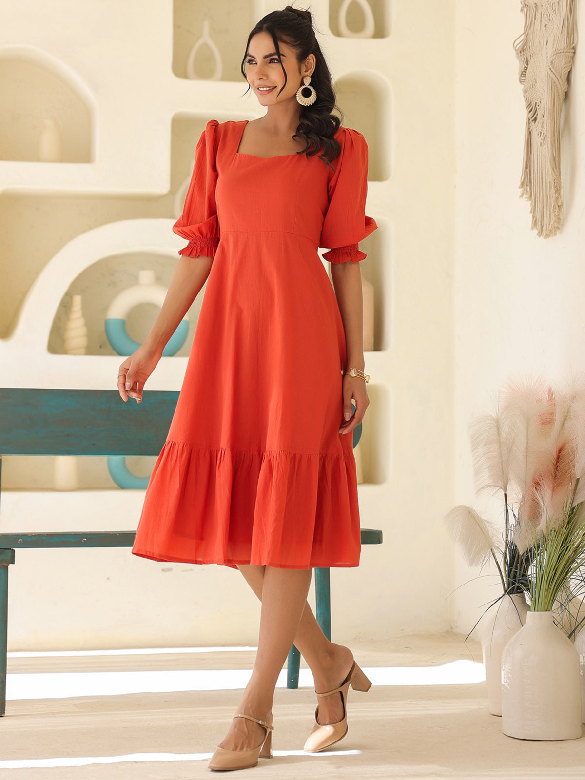 Janasya Light Cotton Solid A-Line Dress