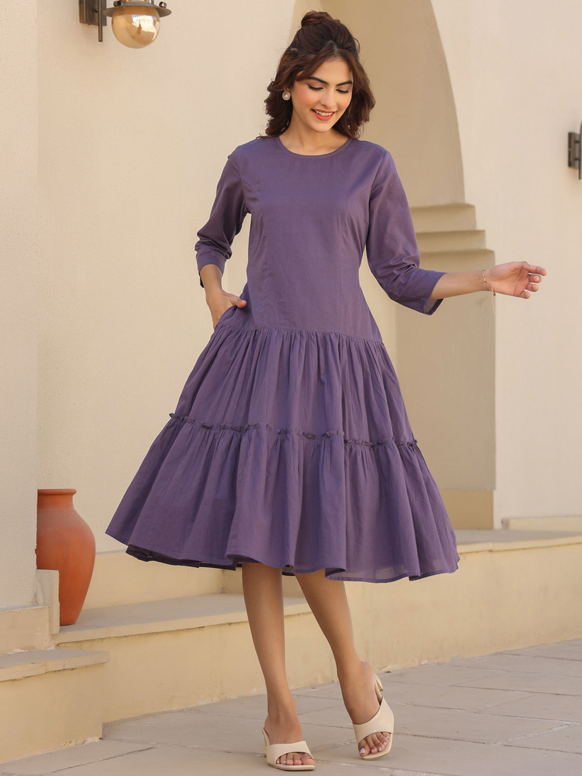 Janasya Light Cotton Solid A-Line DRESS
