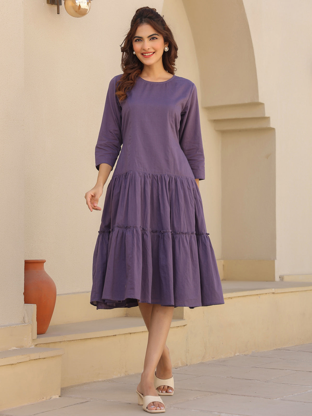 Janasya Light Cotton Solid A-Line DRESS