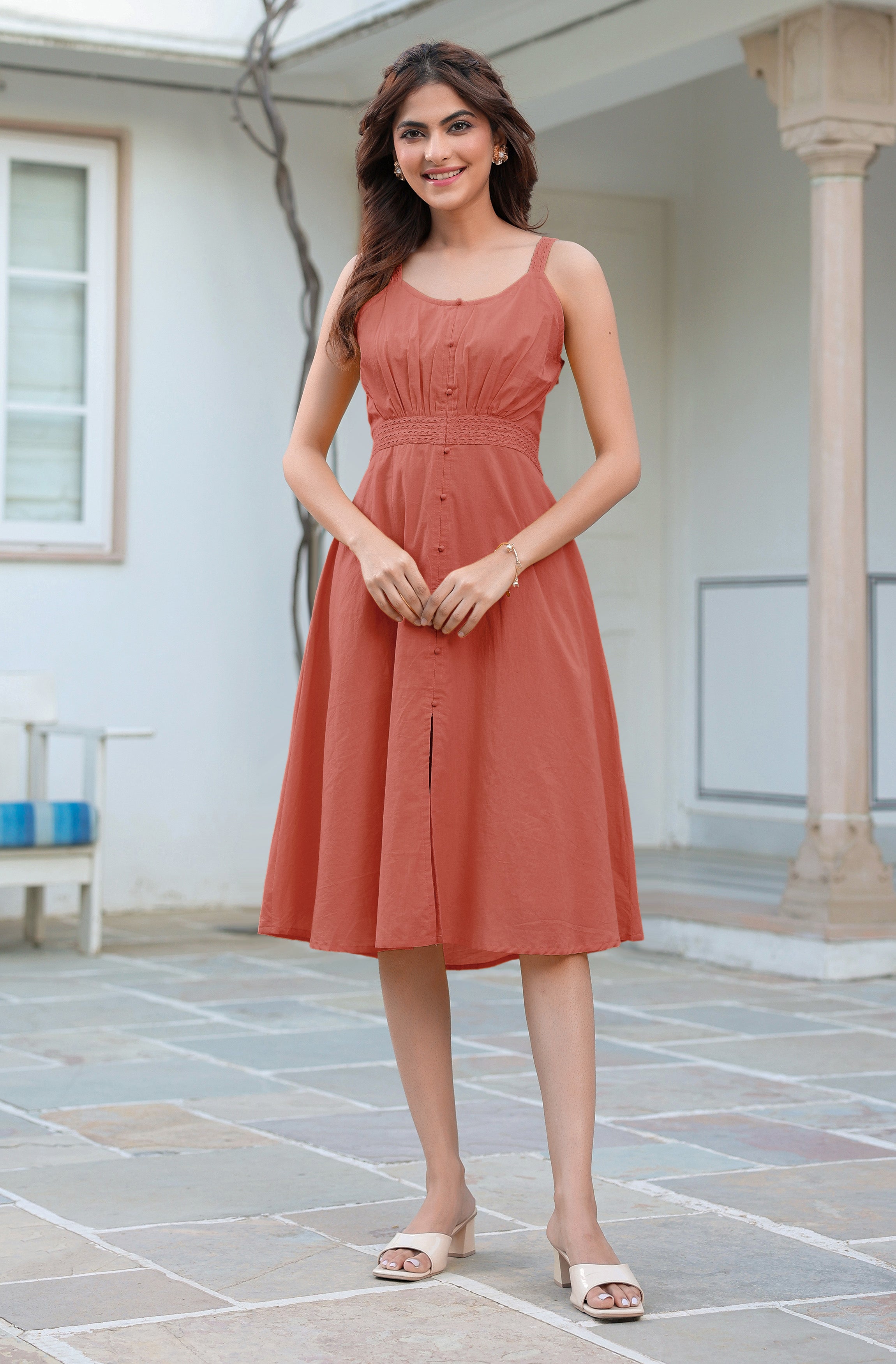 Janasya Dark Cotton Solid A-Line Dress