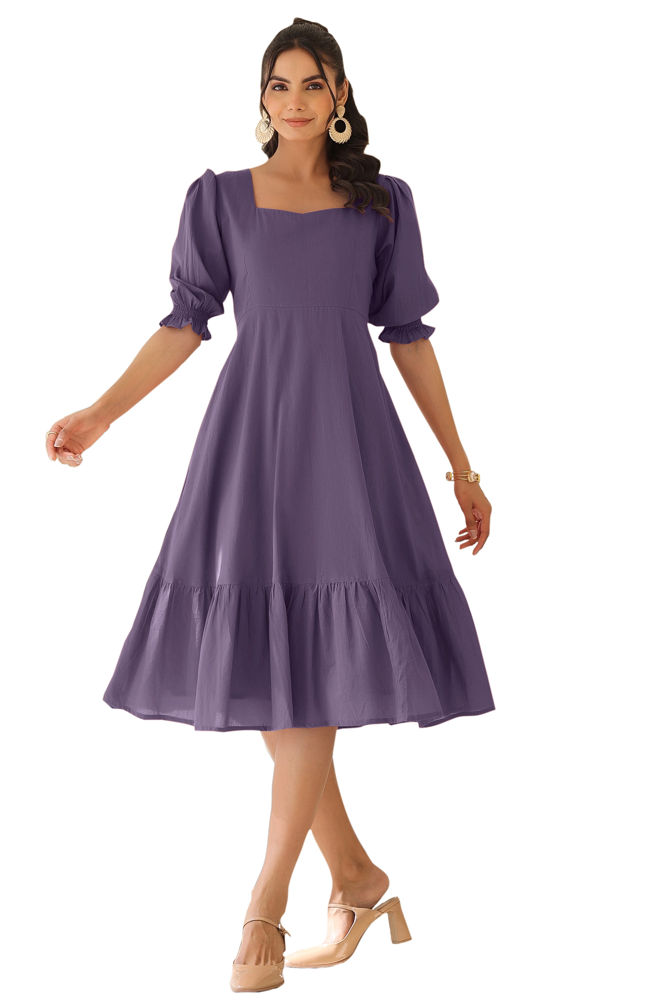 Janasya Light Cotton Solid A-Line Dress