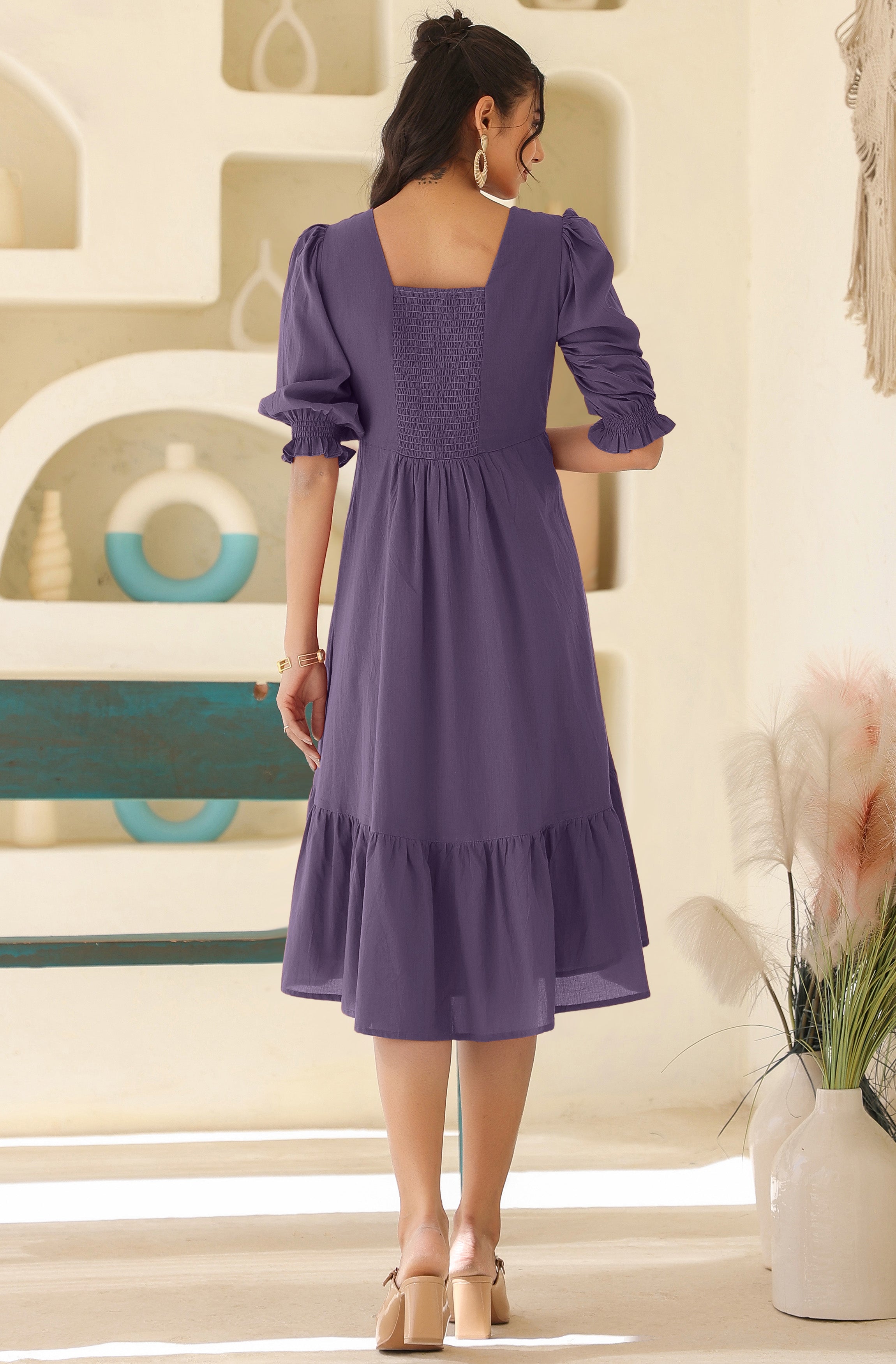 Janasya Light Cotton Solid A-Line Dress