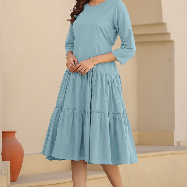 Janasya Light Cotton Solid A-Line Dress