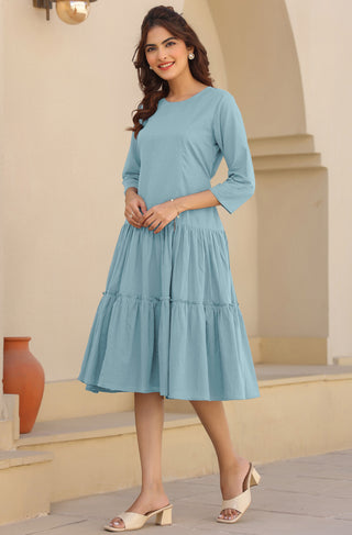 Janasya Light Cotton Solid A-Line Dress