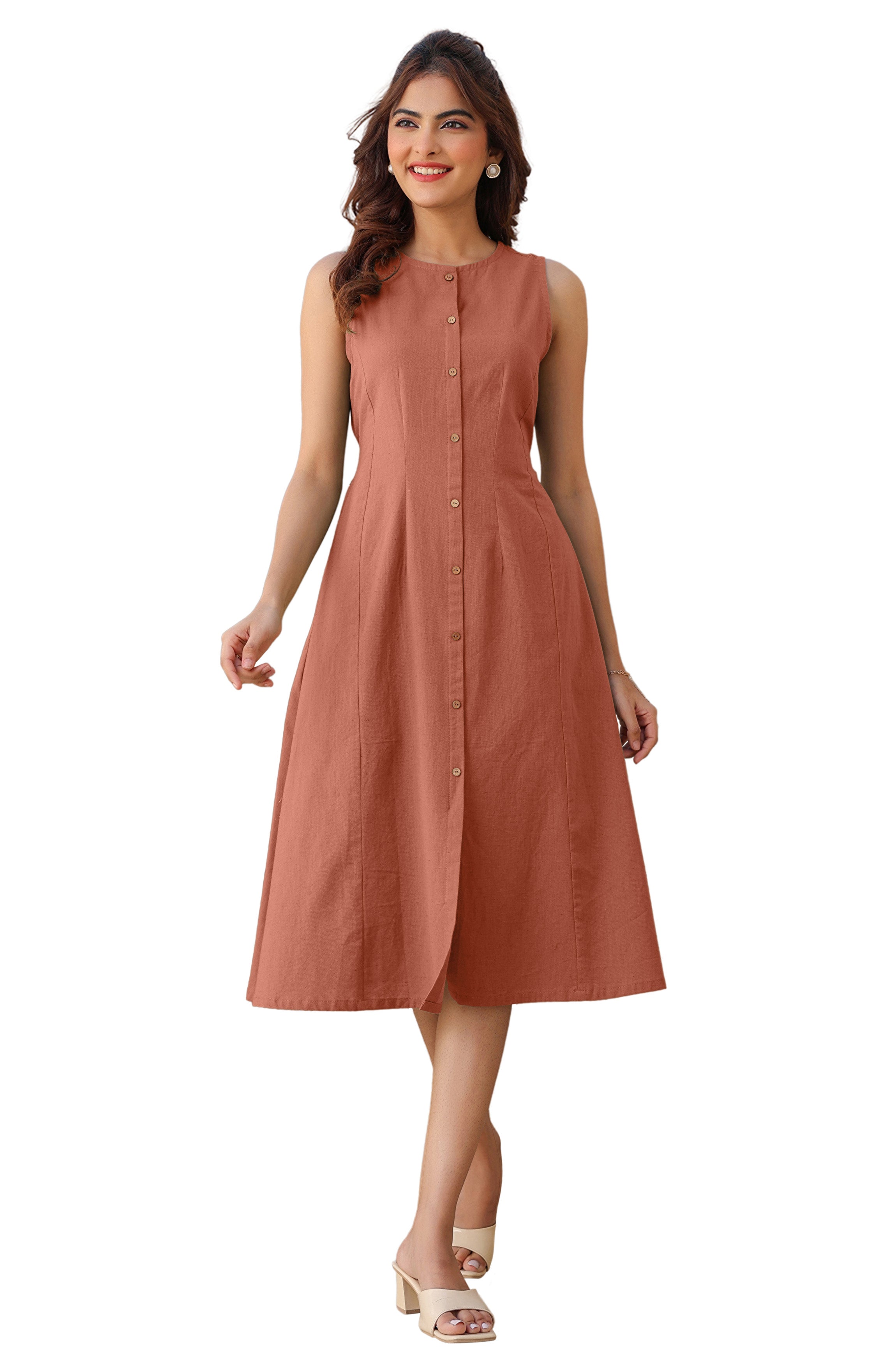 Janasya Dark Cotton Solid A-Line Dress