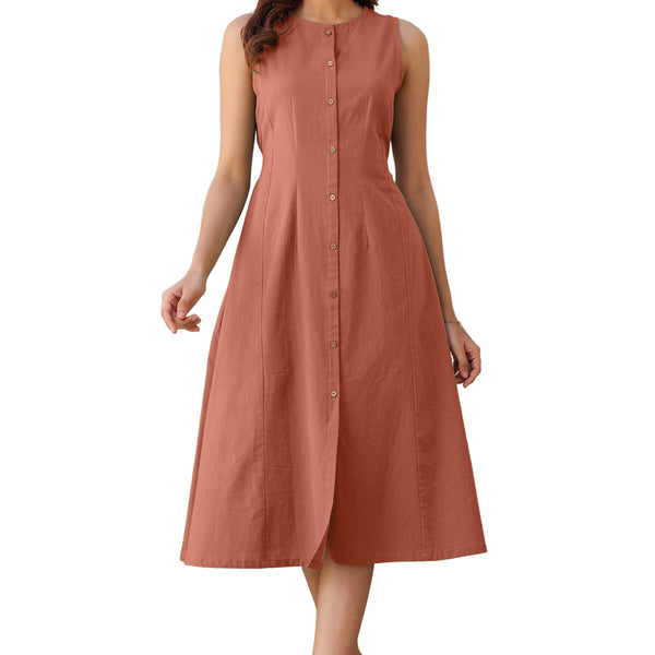 Janasya Dark Cotton Solid A-Line Dress