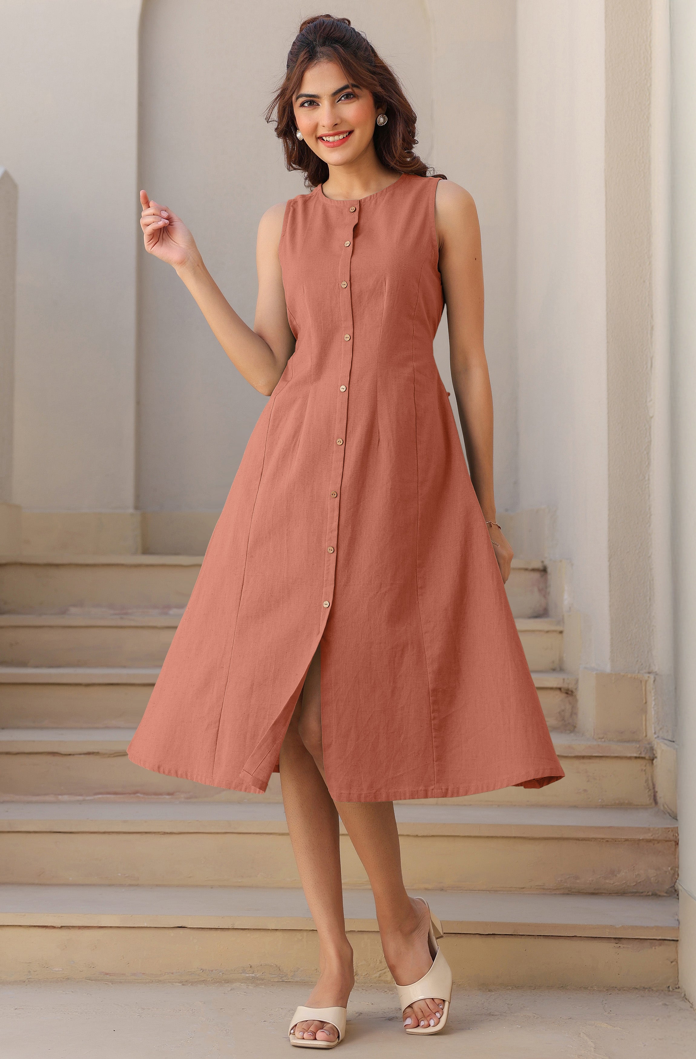 Janasya Dark Cotton Solid A-Line Dress