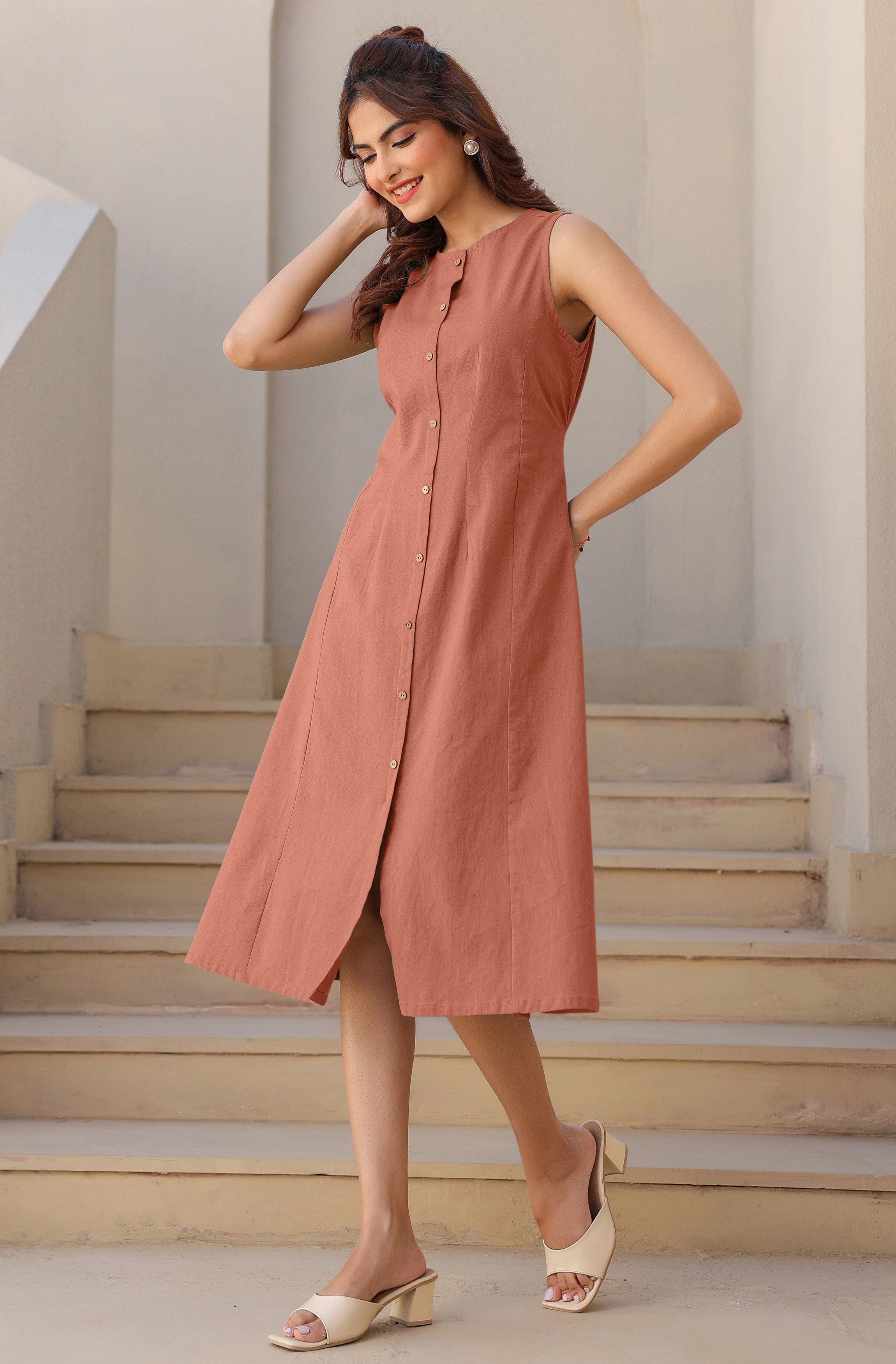 Janasya Dark Cotton Solid A-Line Dress