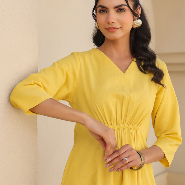 Janasya Bright Cotton Solid A-Line Dress