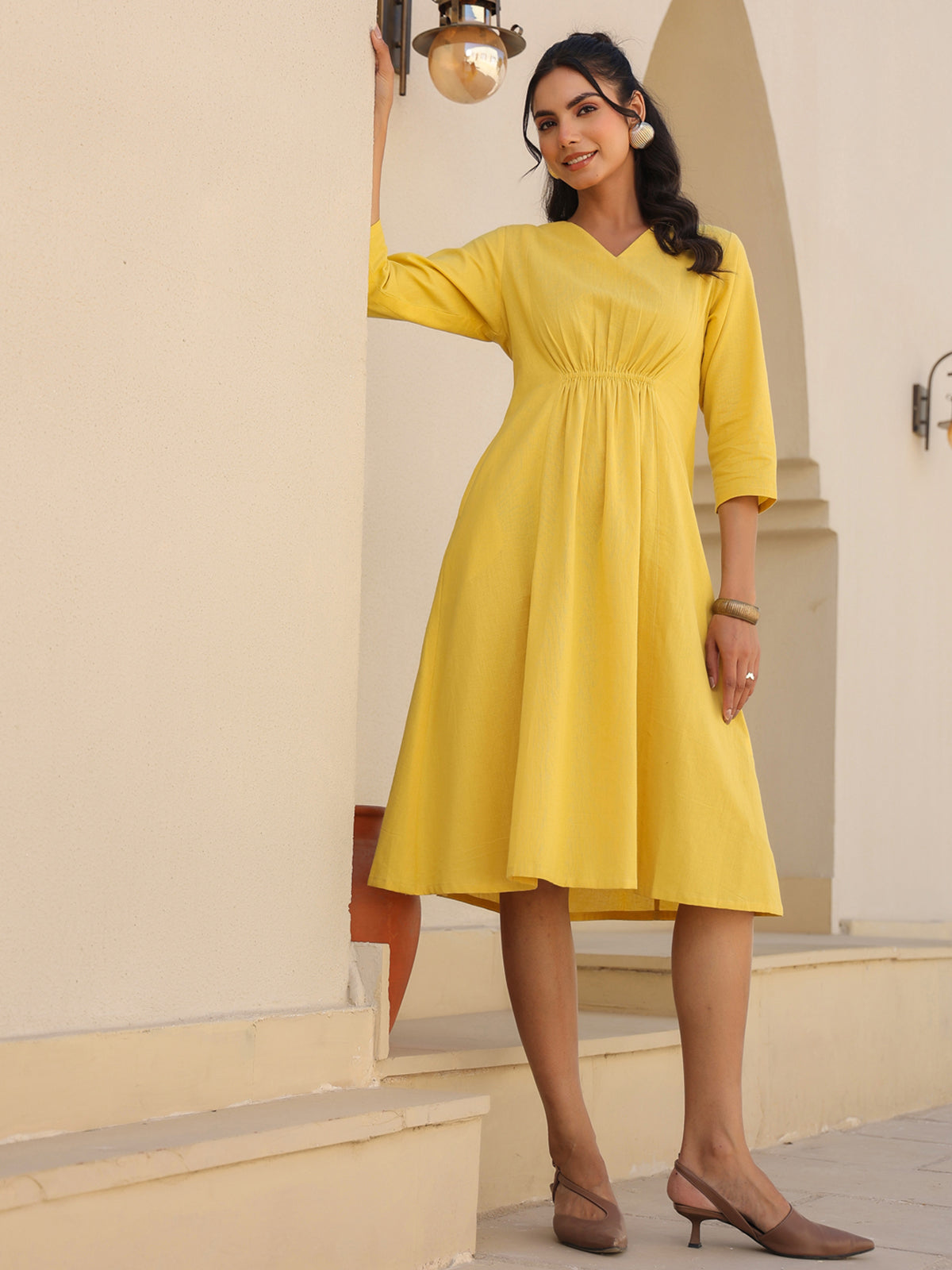 Janasya Bright Cotton Solid A-Line Dress
