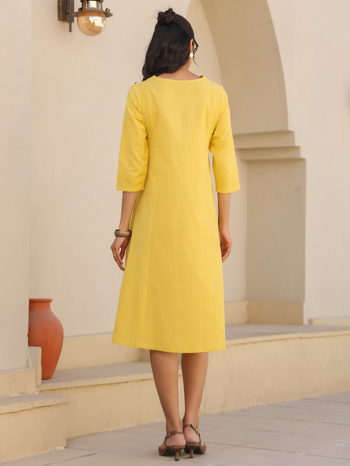 Janasya Bright Cotton Solid A-Line Dress