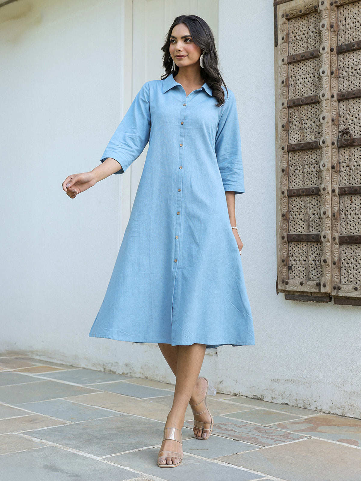 Janasya Light Cotton Solid A-Line Dress