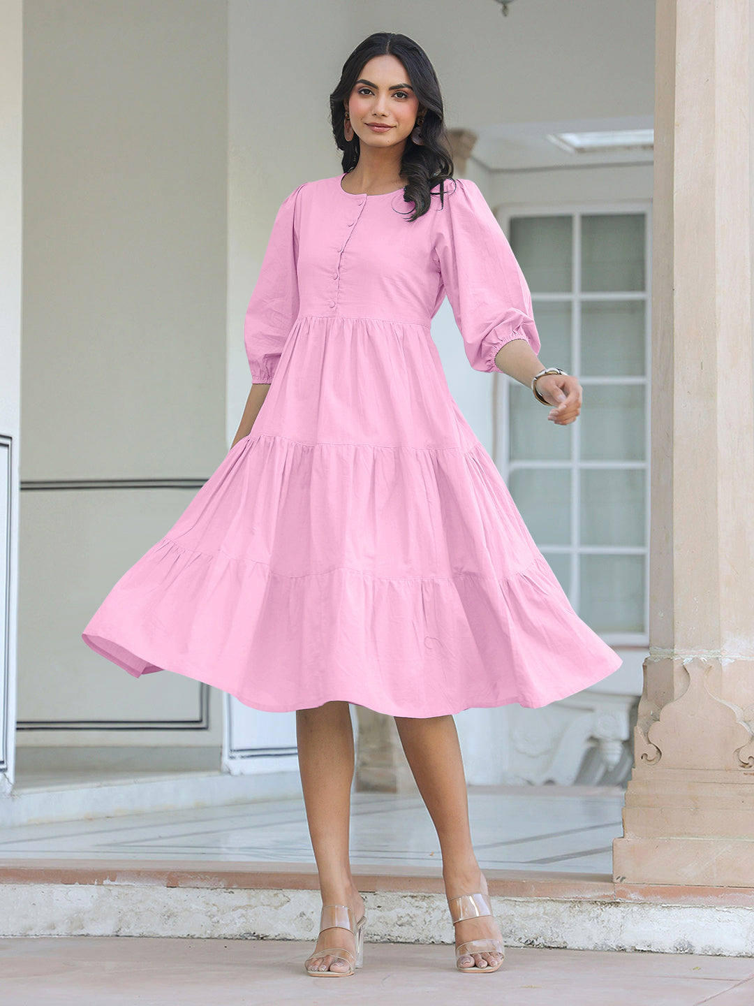 Janasya Bright Cotton Solid Tiered Dress
