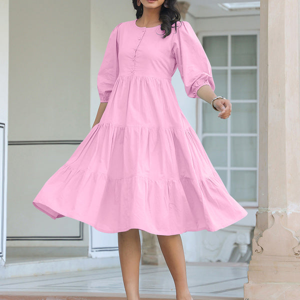 Janasya Bright Cotton Solid Tiered Dress