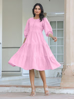 Thumbnail for Janasya Bright Cotton Solid Tiered Dress