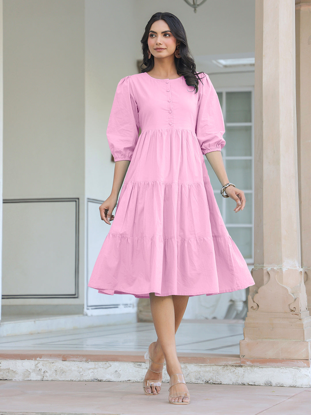 Janasya Bright Cotton Solid Tiered Dress