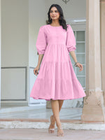Thumbnail for Janasya Bright Cotton Solid Tiered Dress