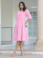 Thumbnail for Janasya Bright Cotton Solid Tiered Dress