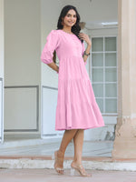 Thumbnail for Janasya Bright Cotton Solid Tiered Dress
