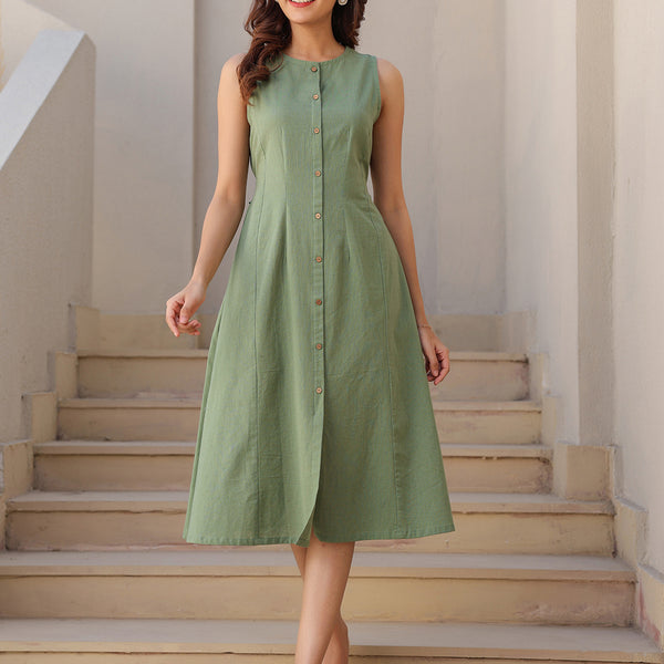 Janasya Dark Cotton Solid A-Line Dress