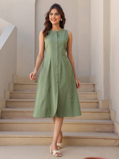 Janasya Dark Cotton Solid A-Line Dress - Distacart