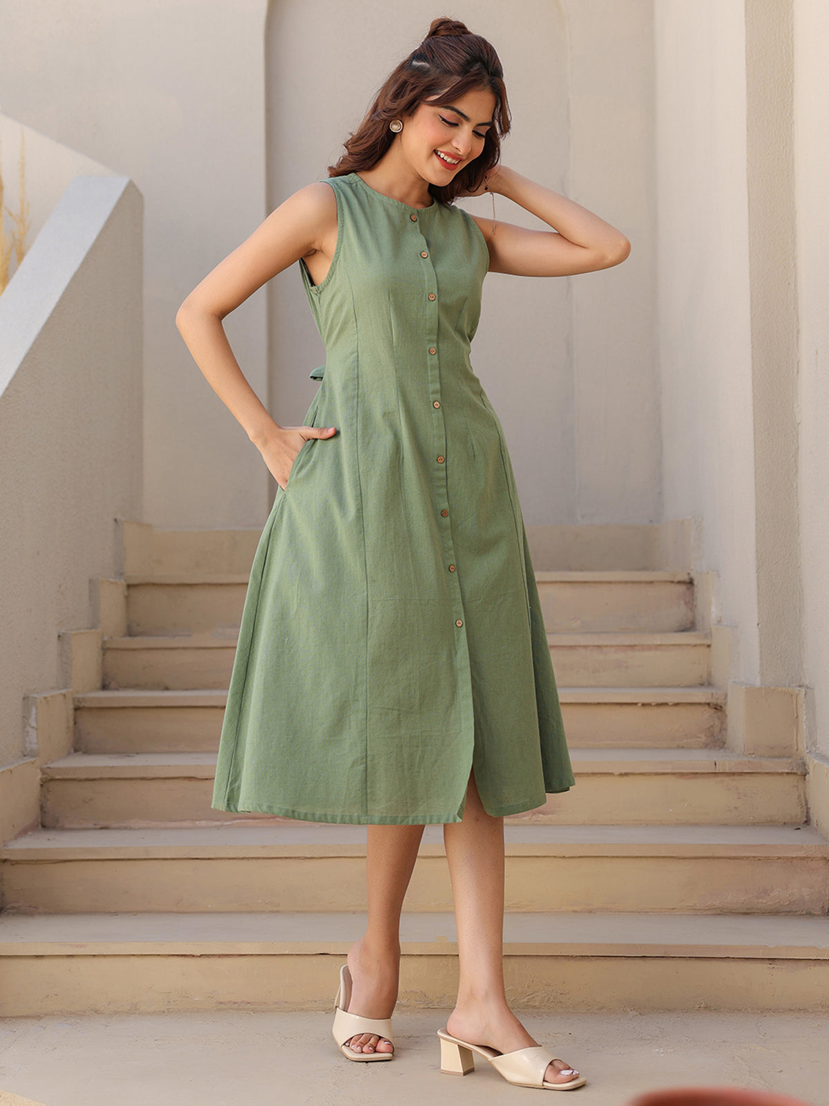 Janasya Dark Cotton Solid A-Line Dress