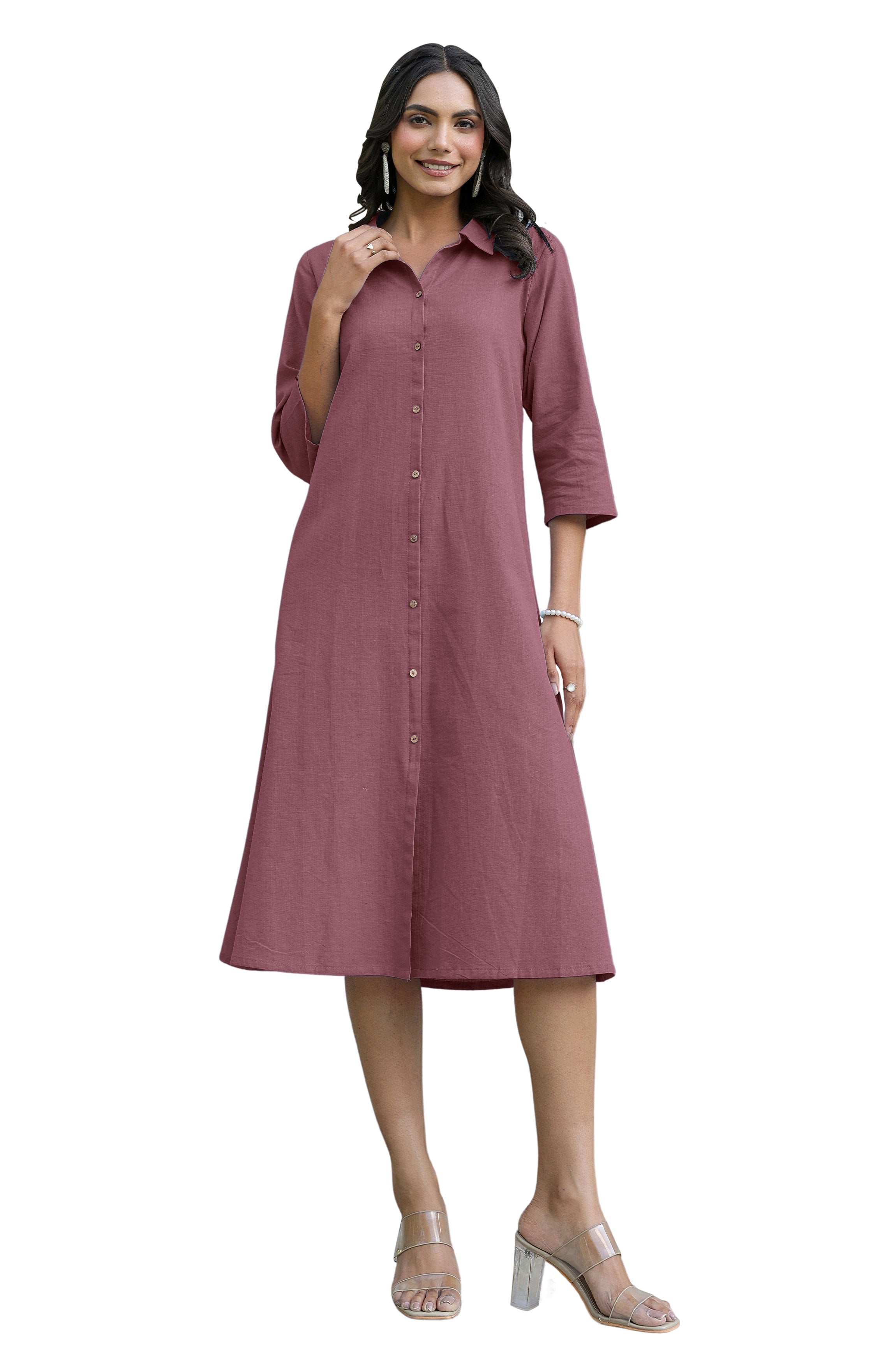 Janasya Dark Cotton Solid A-Line Dress