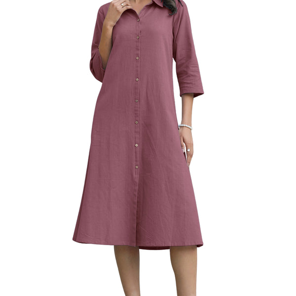 Janasya Dark Cotton Solid A-Line Dress