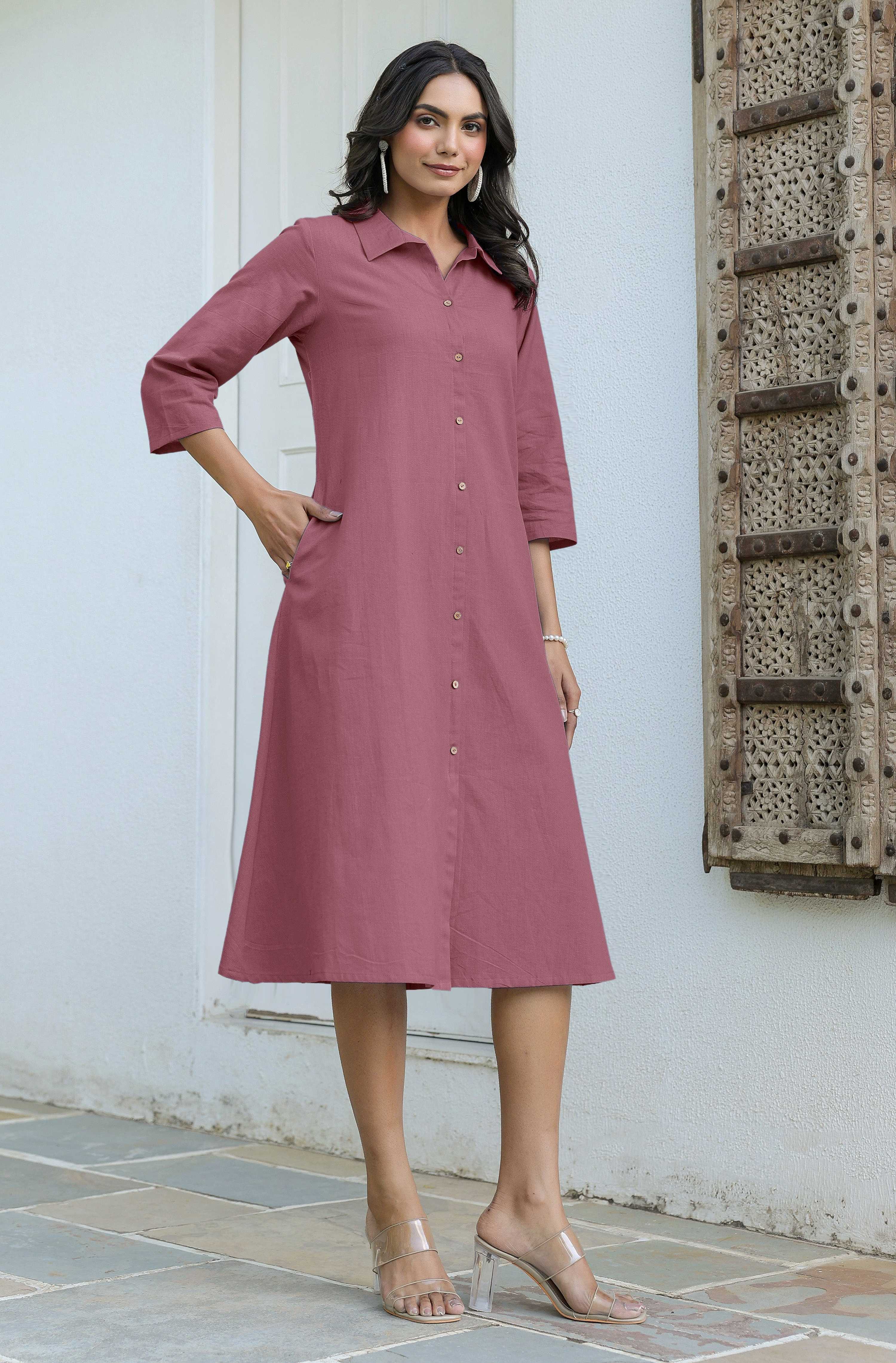 Janasya Dark Cotton Solid A-Line Dress