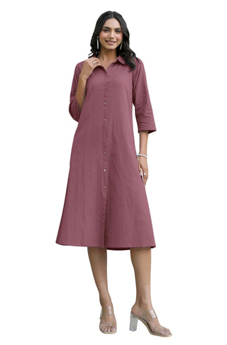 Janasya Dark Cotton Solid A-Line Dress