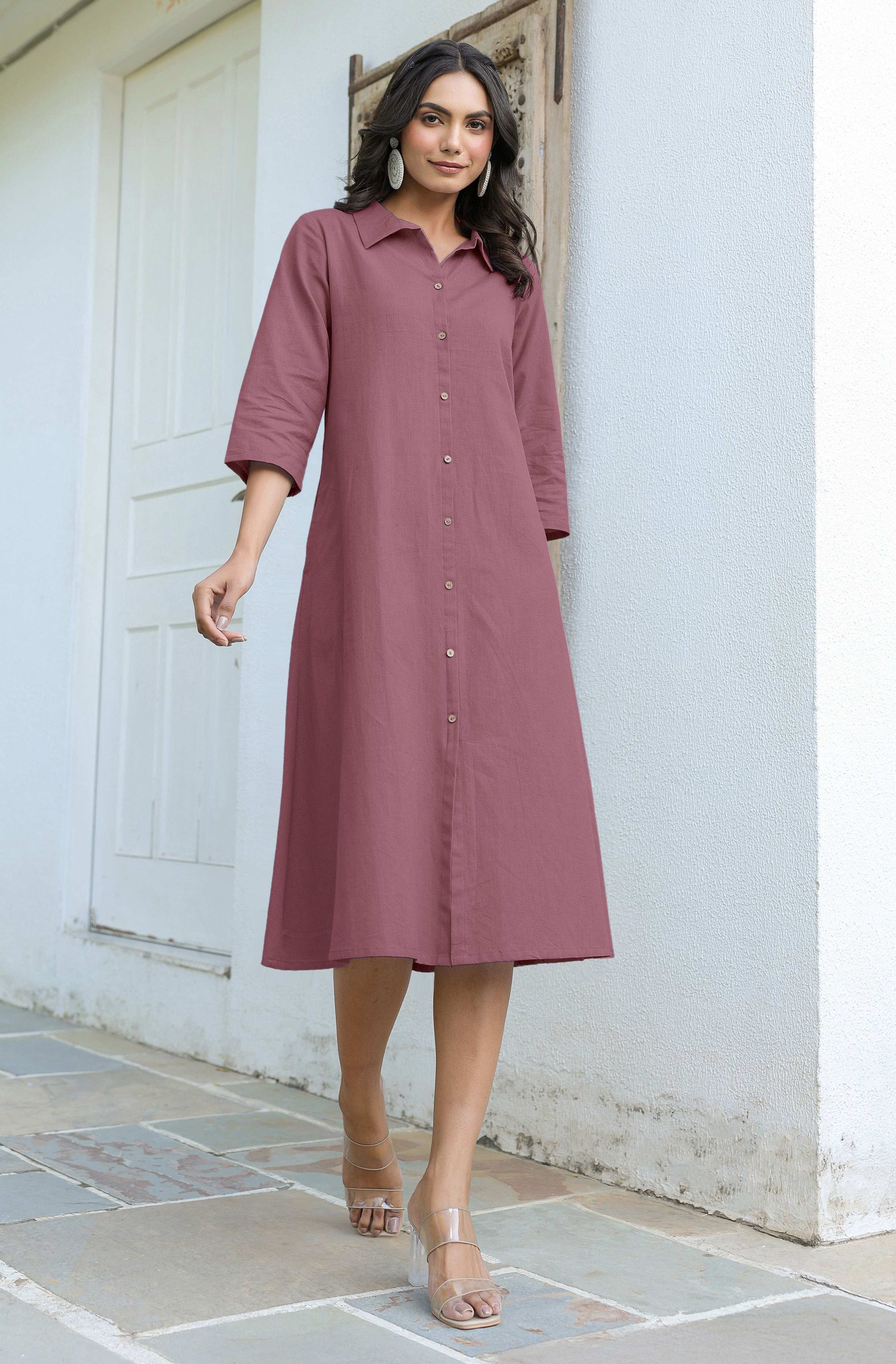Janasya Dark Cotton Solid A-Line Dress