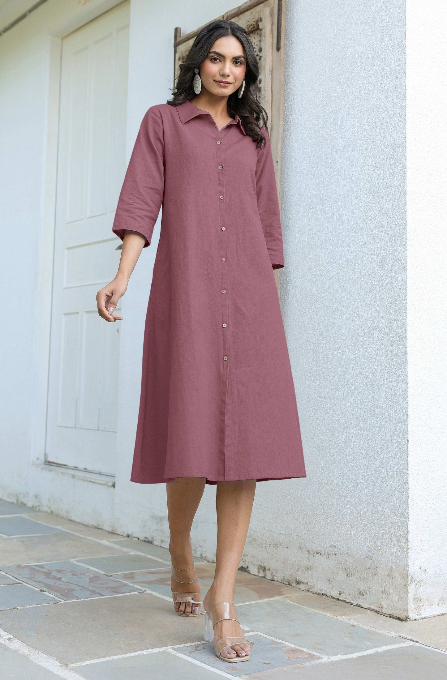 Janasya Dark Cotton Solid A-Line Dress - Distacart