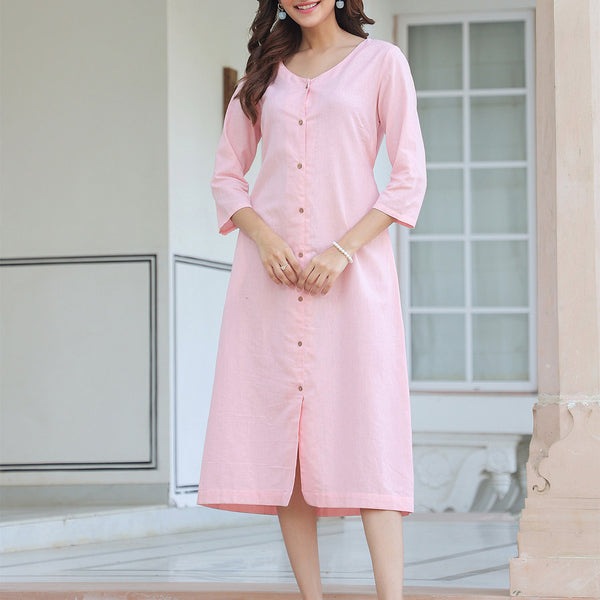 Janasya Light Cotton Solid A-Line Dress