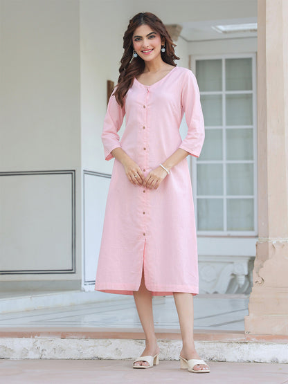 Janasya Light Cotton Solid A-Line Dress - Distacart