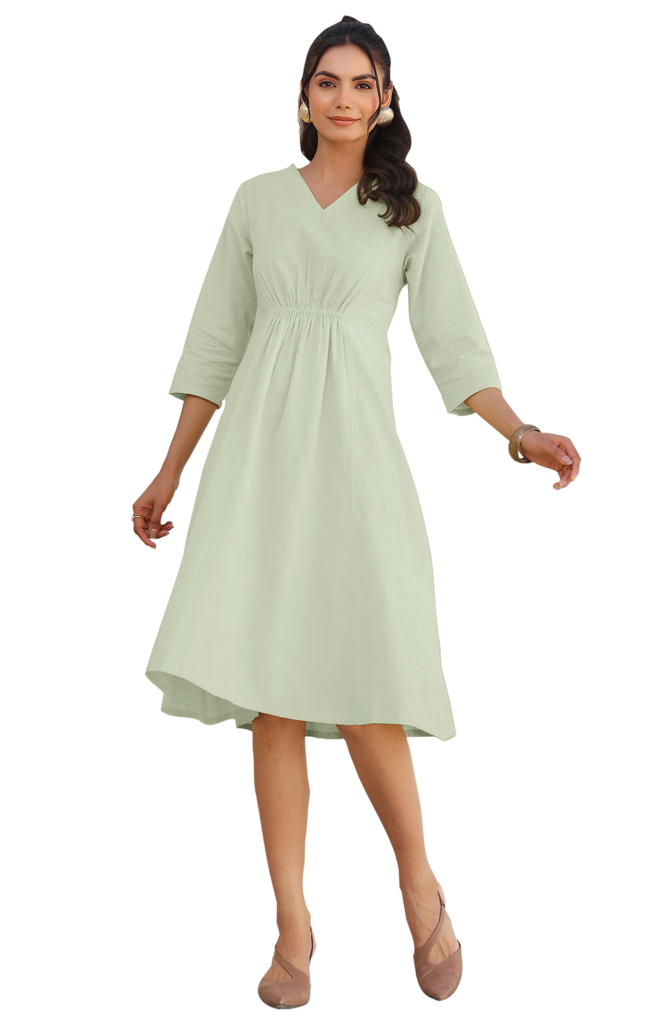 Janasya Light Cotton Solid A-Line Dress