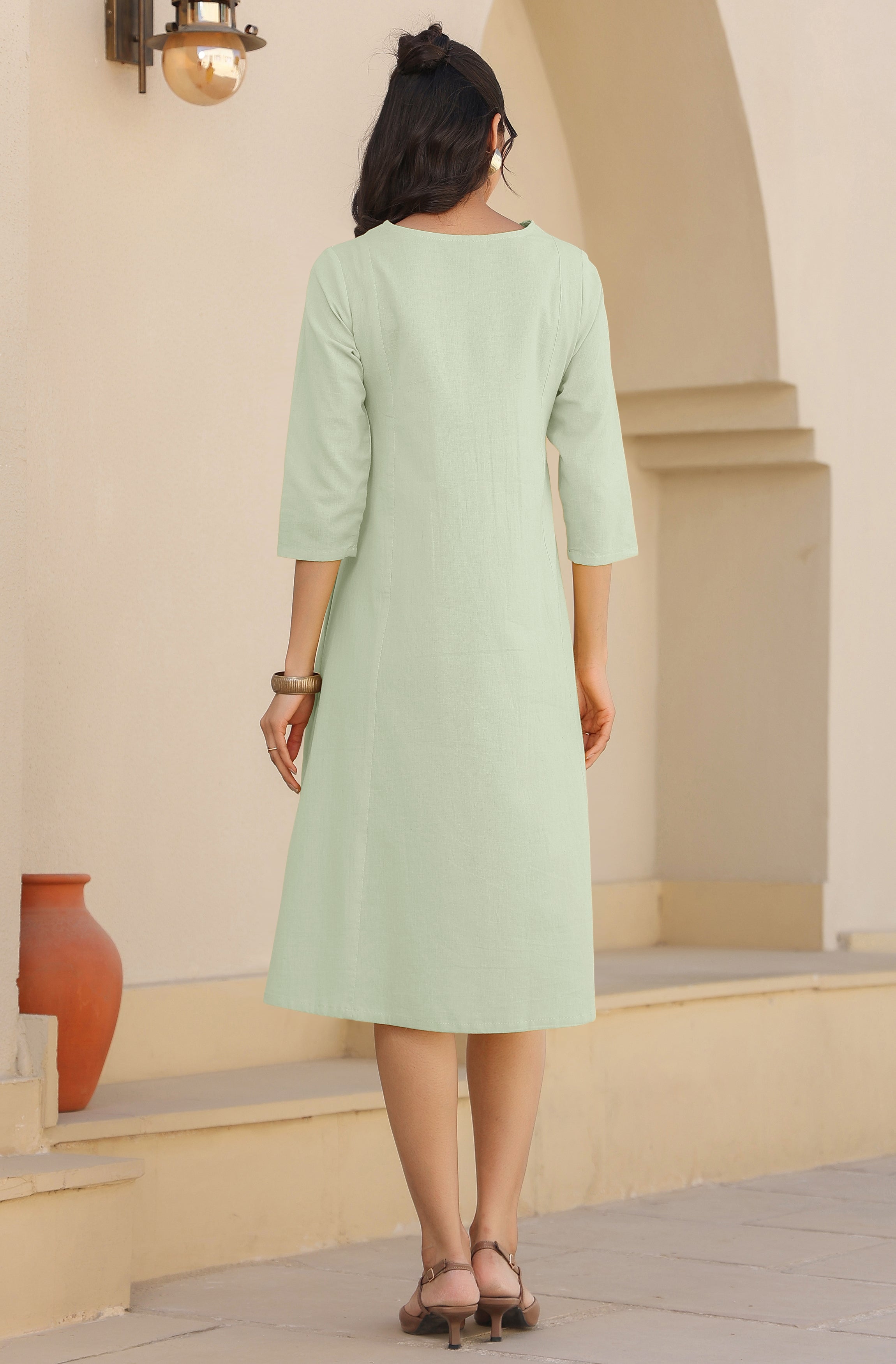 Janasya Light Cotton Solid A-Line Dress