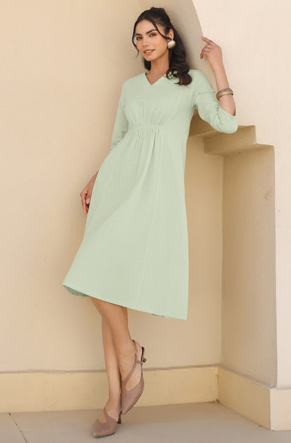 Janasya Light Cotton Solid A-Line Dress - Distacart
