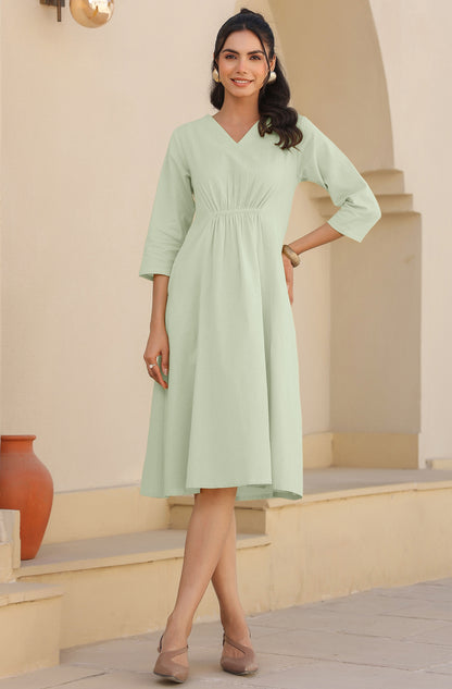 Janasya Light Cotton Solid A-Line Dress - Distacart