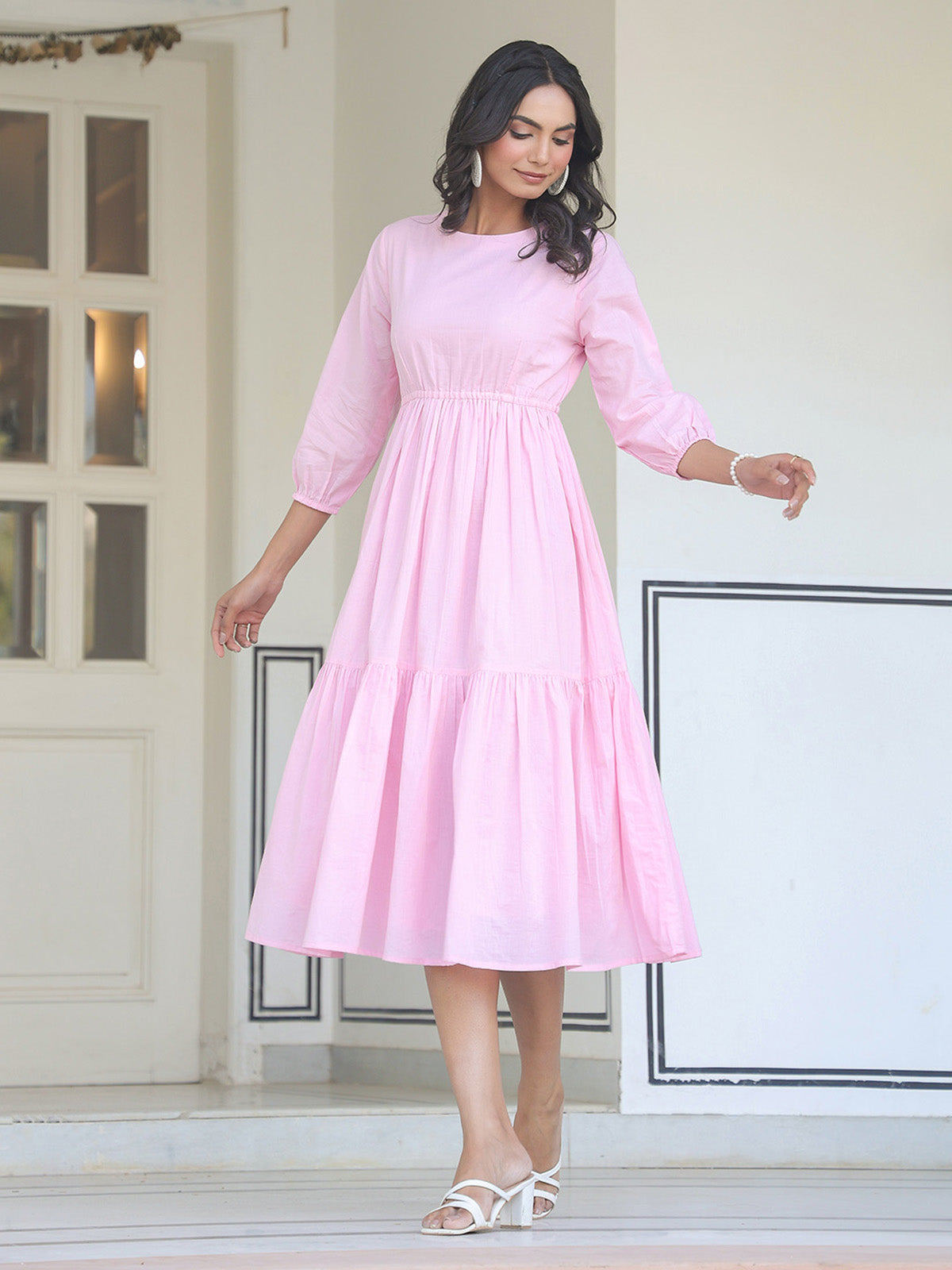Janasya Light Cotton Solid Tiered Dress