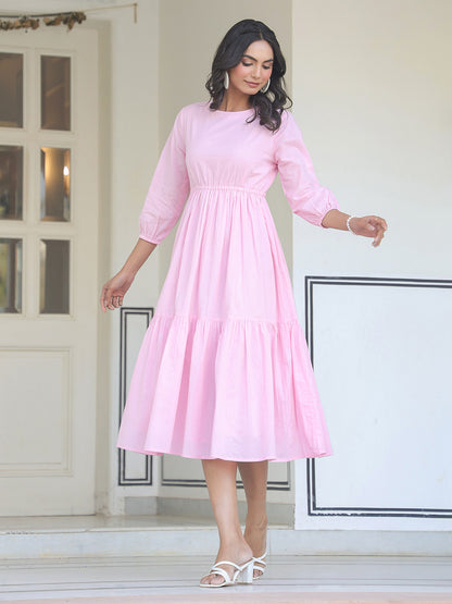 Janasya Light Cotton Solid Tiered Dress - Distacart