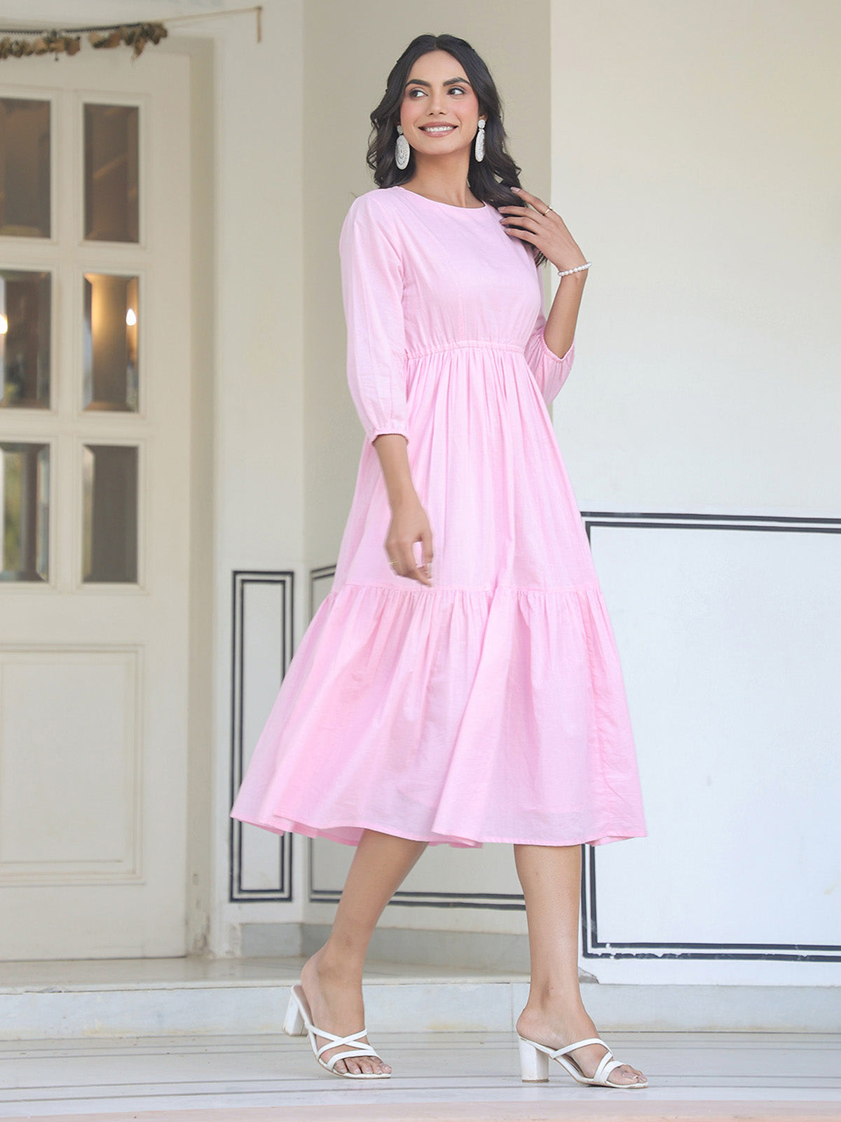 Janasya Light Cotton Solid Tiered Dress