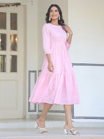 Thumbnail for Janasya Light Cotton Solid Tiered Dress