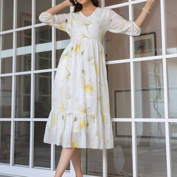 Janasya Light Georgette Floral Tiered Dress
