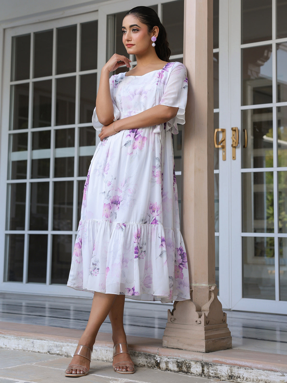 Janasya Light Georgette Floral Fit & Flare Dress