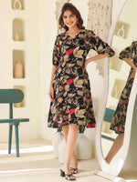 Thumbnail for Janasya Dark Rayon Floral A-Line Dress