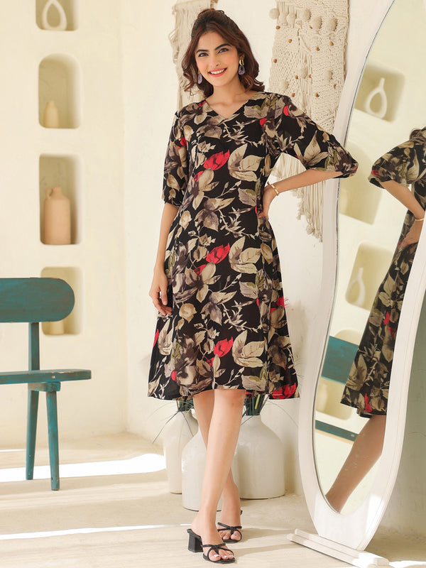 Janasya Dark Rayon Floral A-Line Dress