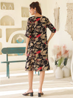 Thumbnail for Janasya Dark Rayon Floral A-Line Dress
