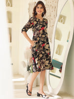 Thumbnail for Janasya Dark Rayon Floral A-Line Dress